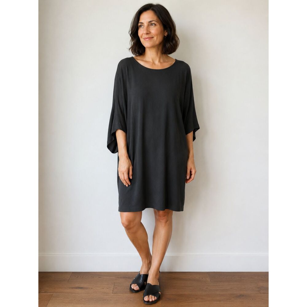 Eileen Fisher 100% Silk Black Shift Dress L Minimalist Lagenlook
